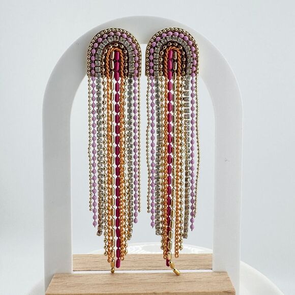 Vintage Beaded Rhinestone Chandelier Earrings Pink Timeless Glamour Retro Chic - Picture 1 of 10